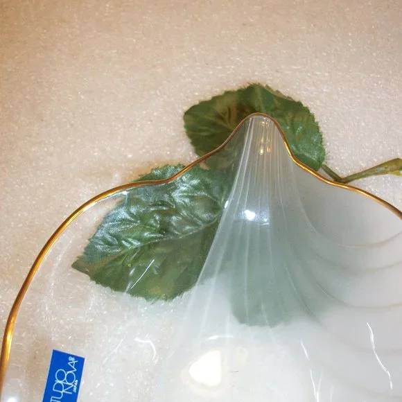 Mikasa Studio Nova Frosted & Clear Crystal Leaf Candy Dish NEW Gold Trim - Picture 4 of 7